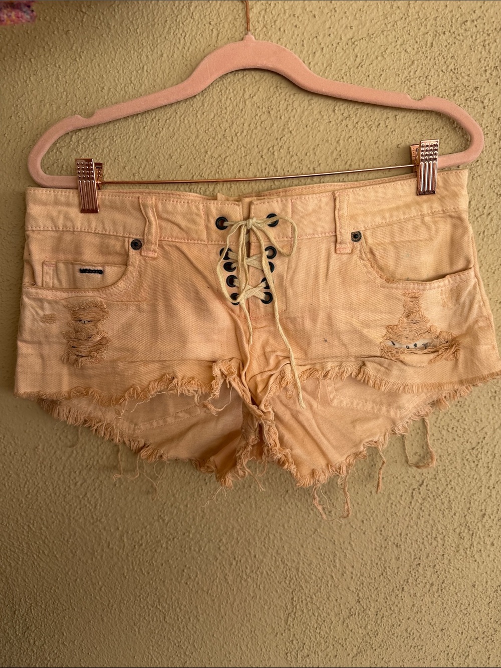 Peach Pink Lace-Up Distressed festival Denim Shorts - Picture 3 of 6
